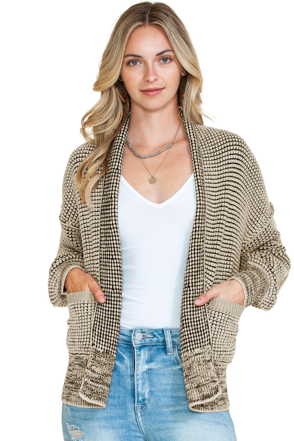 Gray Chunky Knit Pockets Drop Sleeve Cardigan