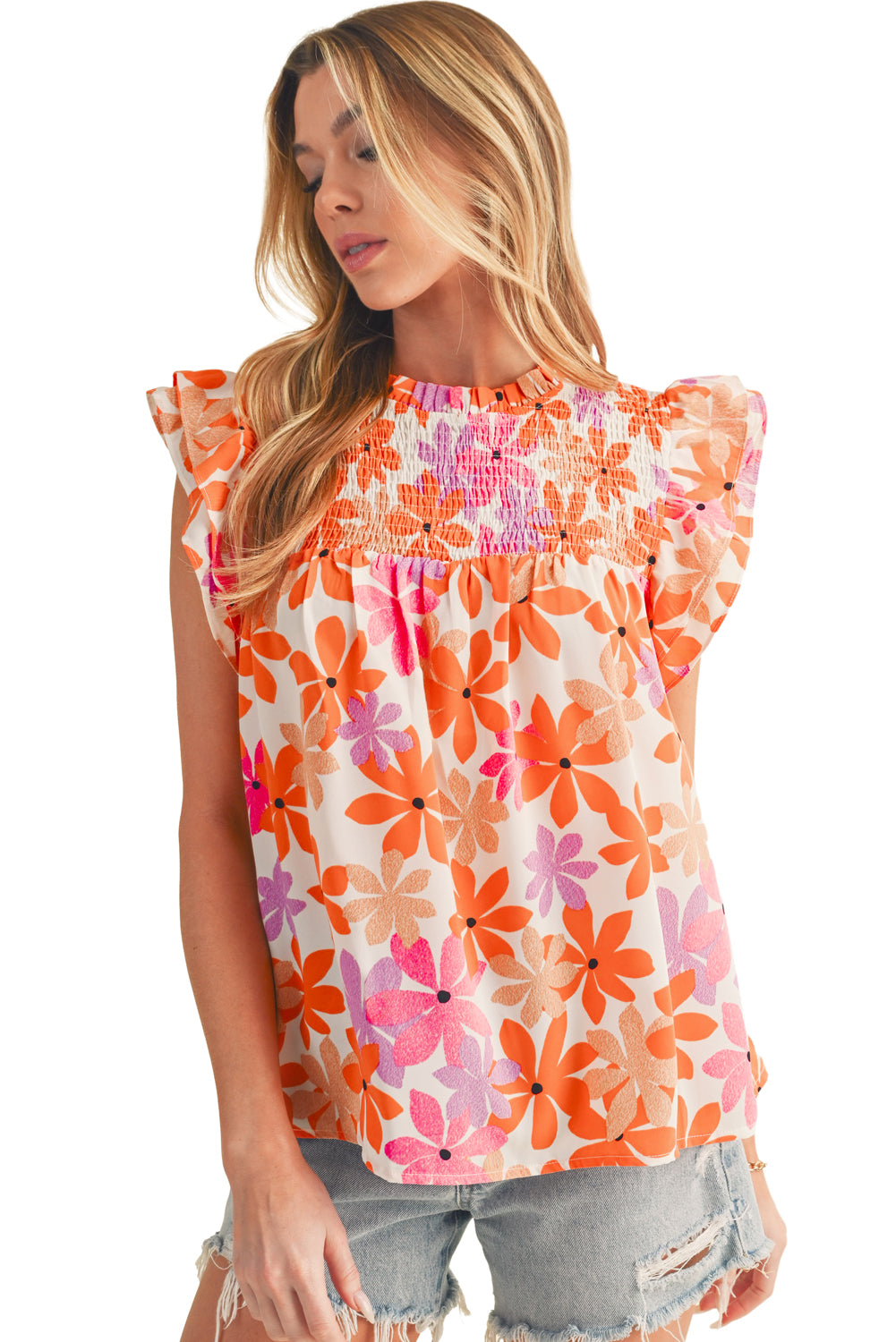 Orange Boho 60s Floral Print Ruffled Sleeve Smocked BlouseMaterial:100%Polyester



		Achieve a sweet and charming look with the floral blouse, designed to complement your style with a floral touch.
	
	
		The addition 