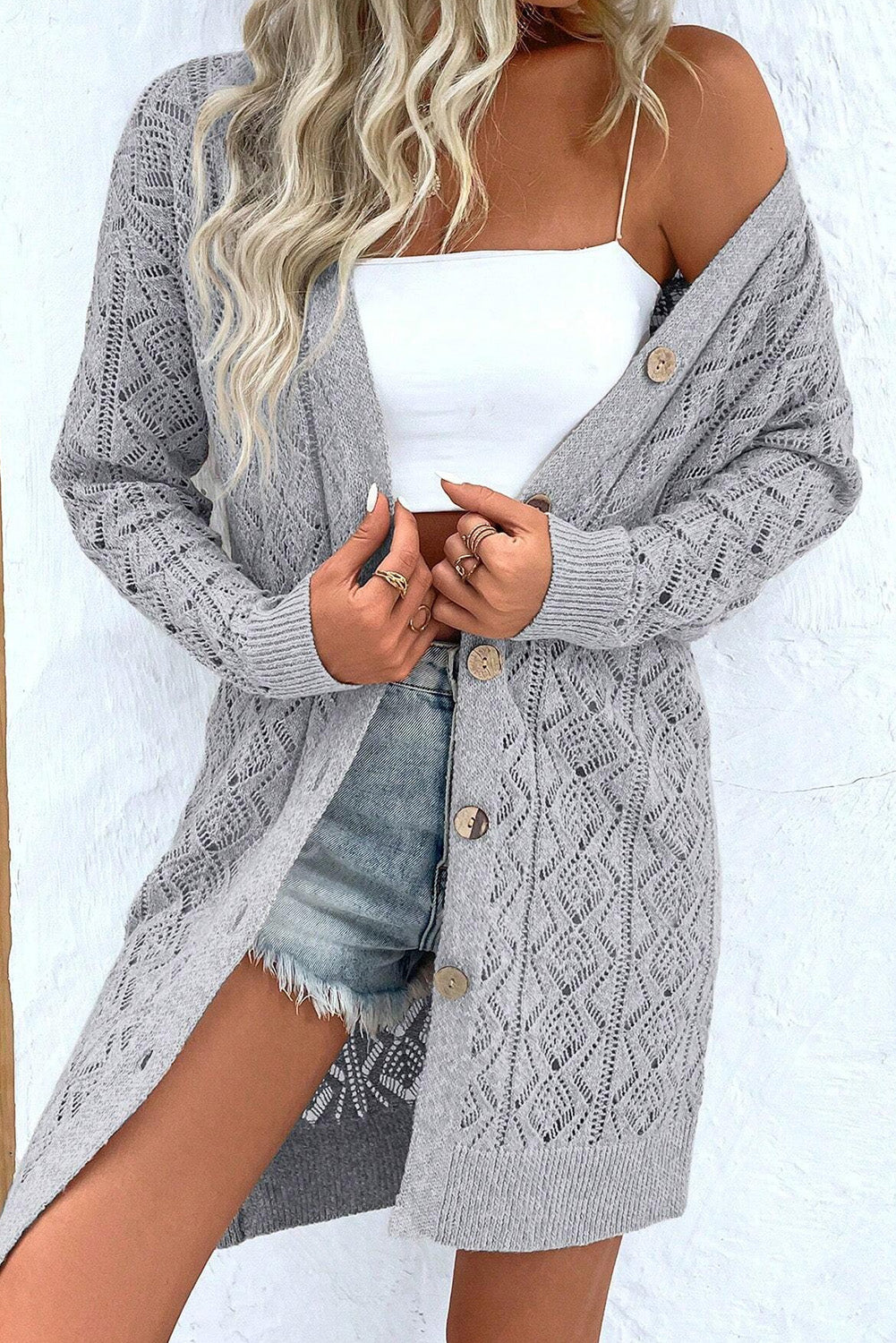 Gray Hollow Out Button Front Long Cardigan