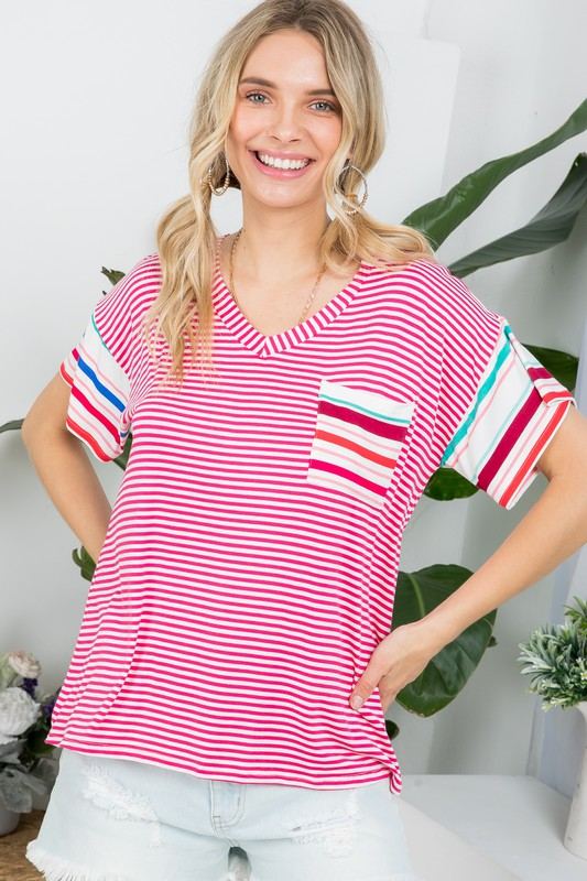 MULTI STRIPE BOXY TOP- Multi stripe boxy top- Pullover short sleeves- V neck chest pocket- Multi stripe jersey - Model is 5' 8" 34-24-34 and wearing a Small- S/M/L 2-2-2- 95% RAYON, 5% S