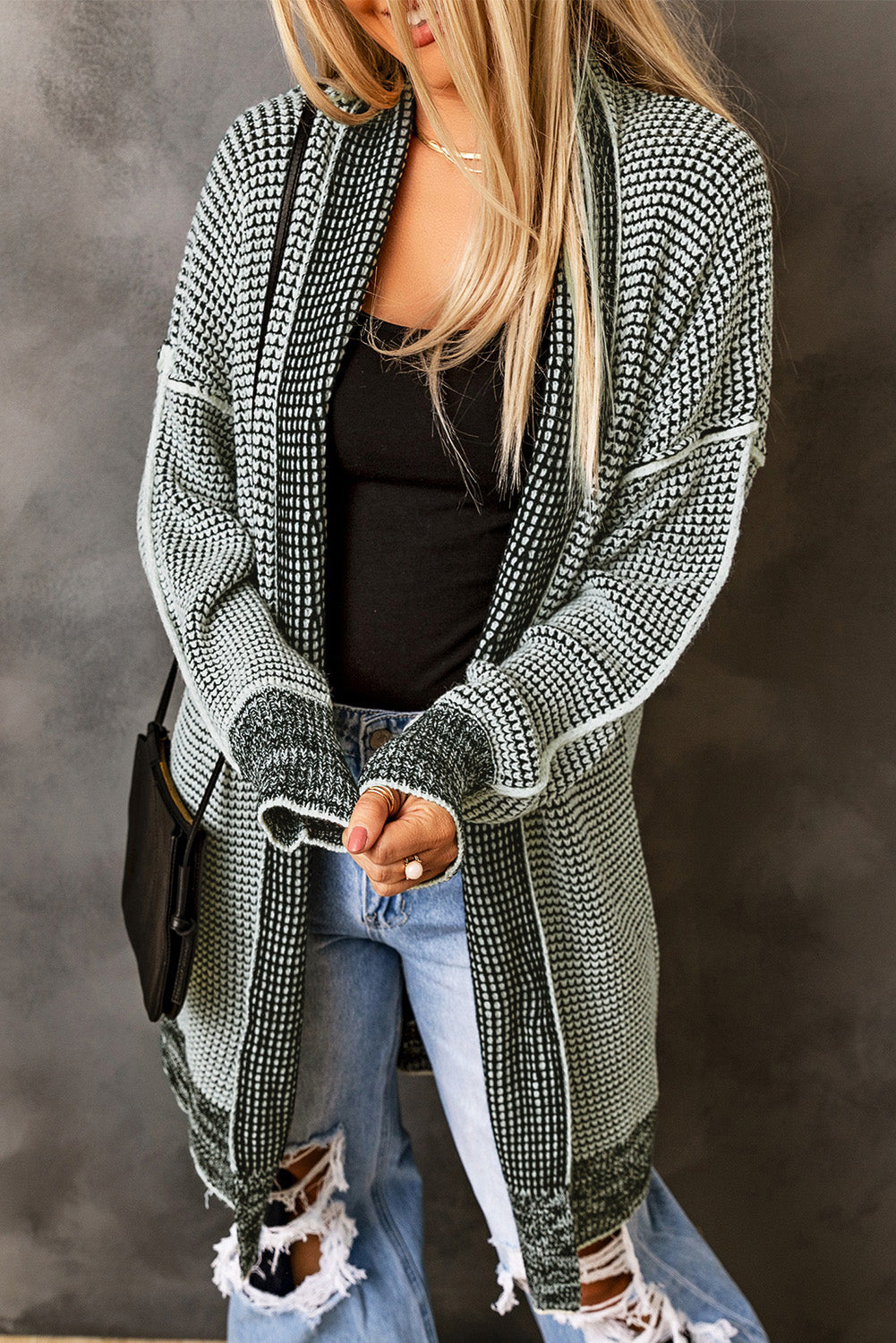 Grey Plaid Contrast Trim Casual Knit Cardigan