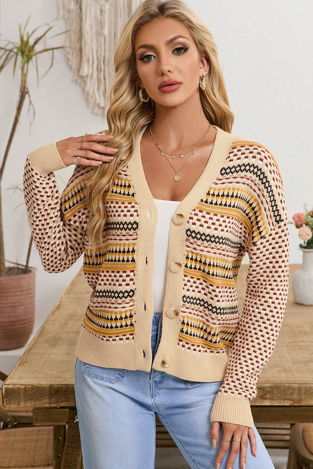 Khaki Geometric Pattern Button Front V Neck Cropped Cardigan