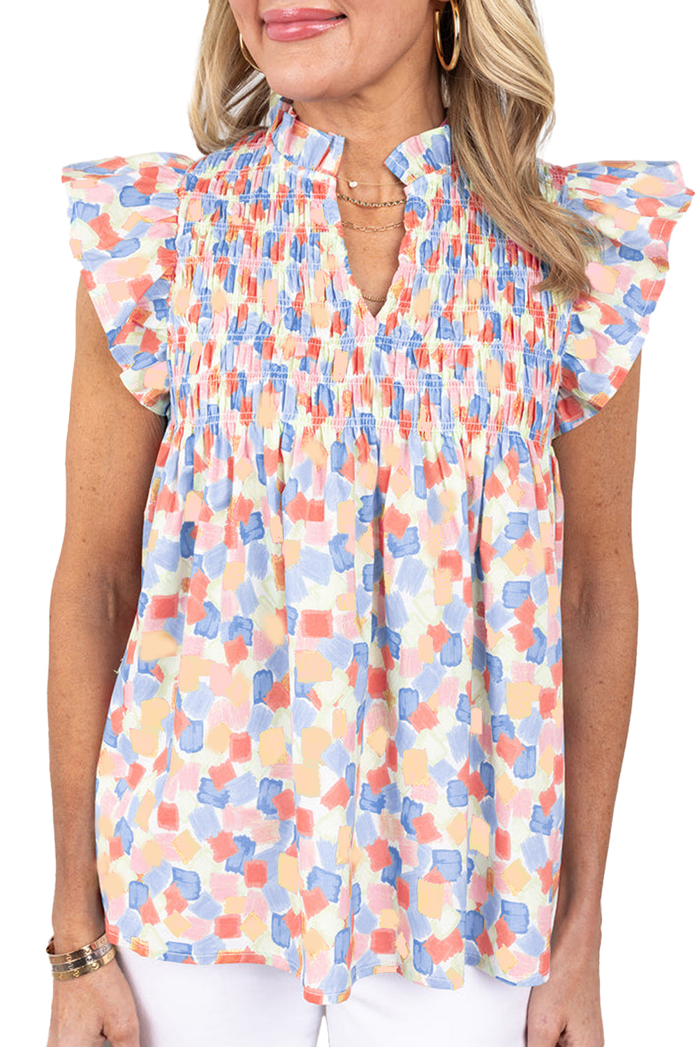 Pink Shirred Yoke Ruffle Abstract BlouseMaterial:100%Polyester

• Embrace a bohemian vibe with this blouse, featuring a delicate shirred yoke that adds a touch of elegance to the design.
• The abstract p