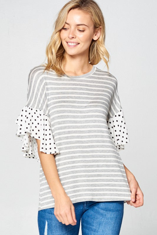 PLUS POLKA DOT RUFFLE SLEEVE TOPSTRIPE JERSEY WOVEN POLKA DOT MIX AND MATCH ROUND NECK RUFFLE SLEEVE PLUS TOP95% RAYON, 5% SPANDEX MADE IN USA1X/2X/3X 2-2-2
Style: Casual
Print / Pattern: STRIPE an