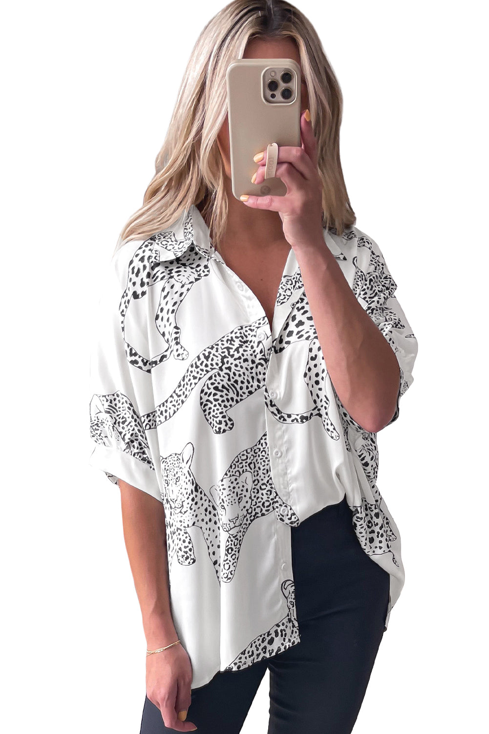 Beige Cheetah Print Buttoned Half Sleeve BlouseMaterial:100%Polyester



		The blouse features a trendy and eye-catching cheetah print pattern, adding a bold and stylish touch to your outfit.
	
	
		Made from