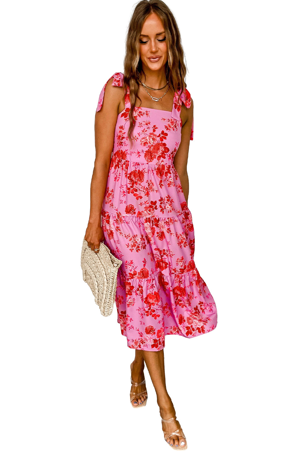 Pink Tie Shoulder Straps Tiered Floral DressMaterial:100%Polyester



		This floral dress is flattering fit to show personal charm
	
	
		The tie shoulder straps are flexible and adjustable
	
	
		The fi