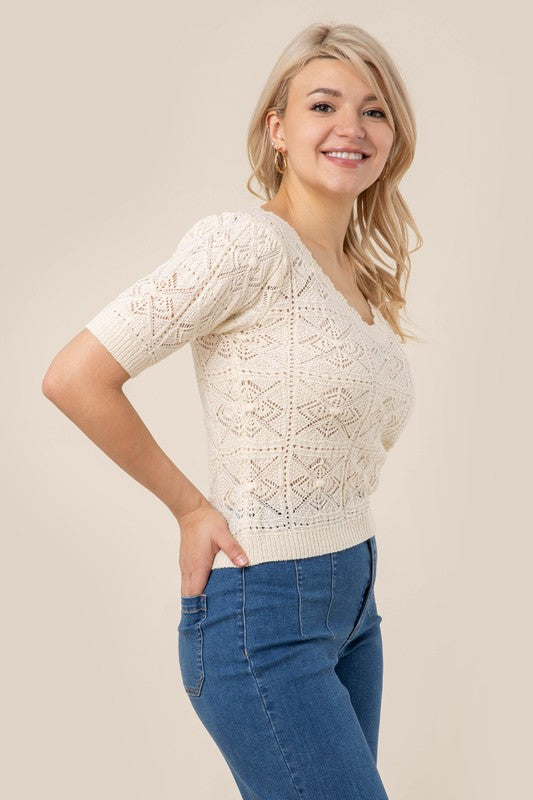 Crochet knit top- Crochet knit top- Pattern type : solid- Neck line : scallop V neck- Sleeve type : puff sleeves- Sleeve length : short sleeves- Stretch : stretch- Sheer : sheer due