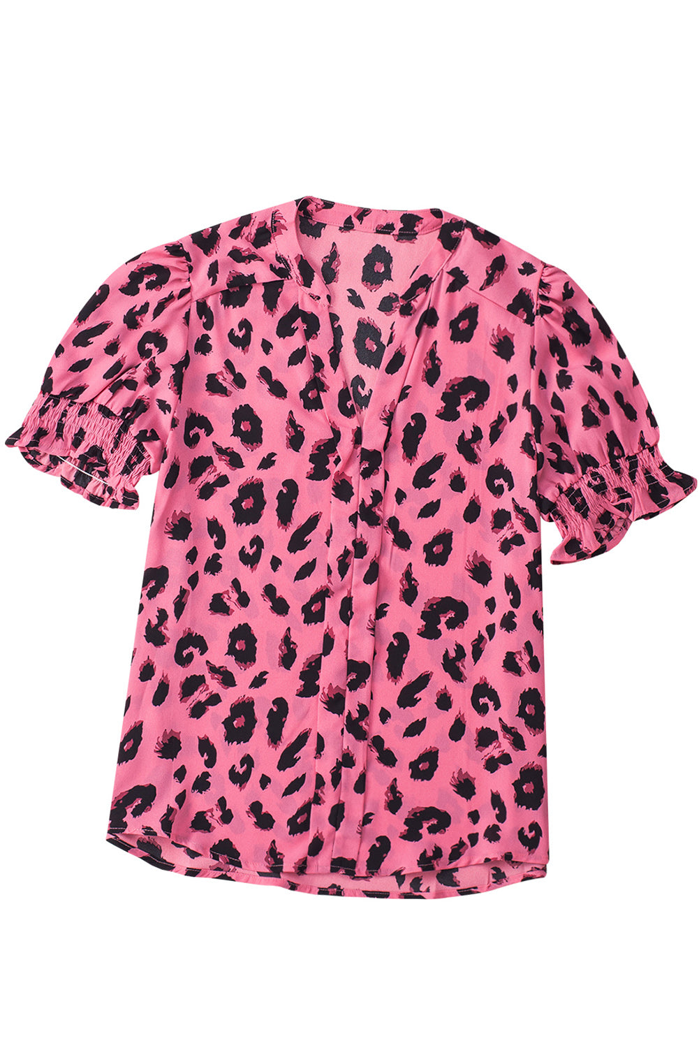 Pink Leopard Print V Neck Smocked Puff Sleeve BlouseMaterial:100%Polyester



		Featuring a v-neckline and smocked details at the waist, this blouse is both stylish and comfortable. 
	
	
		The smocked waistline a