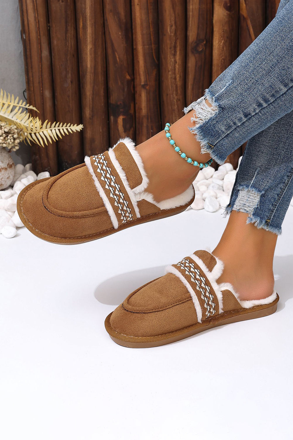 Chestnut Suede Wavy Striped Plush Lined Home SlippersThe plush lining ensures ultimate comfort and warmth during chilly evenings.
	
	
		Slip-on style for convenience and ease of wear, perfect for lounging around the