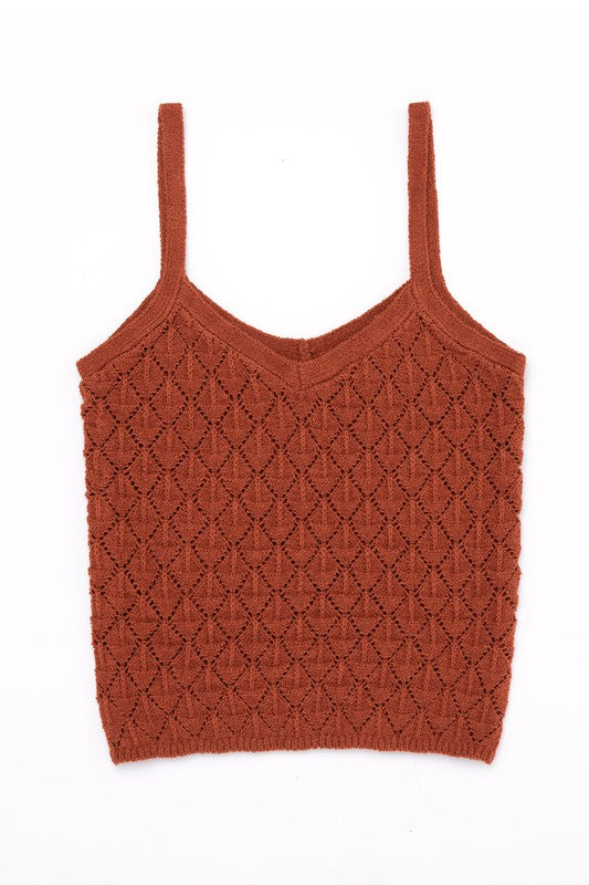 Crochet knit tank- Crochet knit tank- Pattern type : solid- Sleeve length : sleeveless- Stretch : stretch- Sheer : sheer due to loose texture- Care instruction : machine wash cold, o