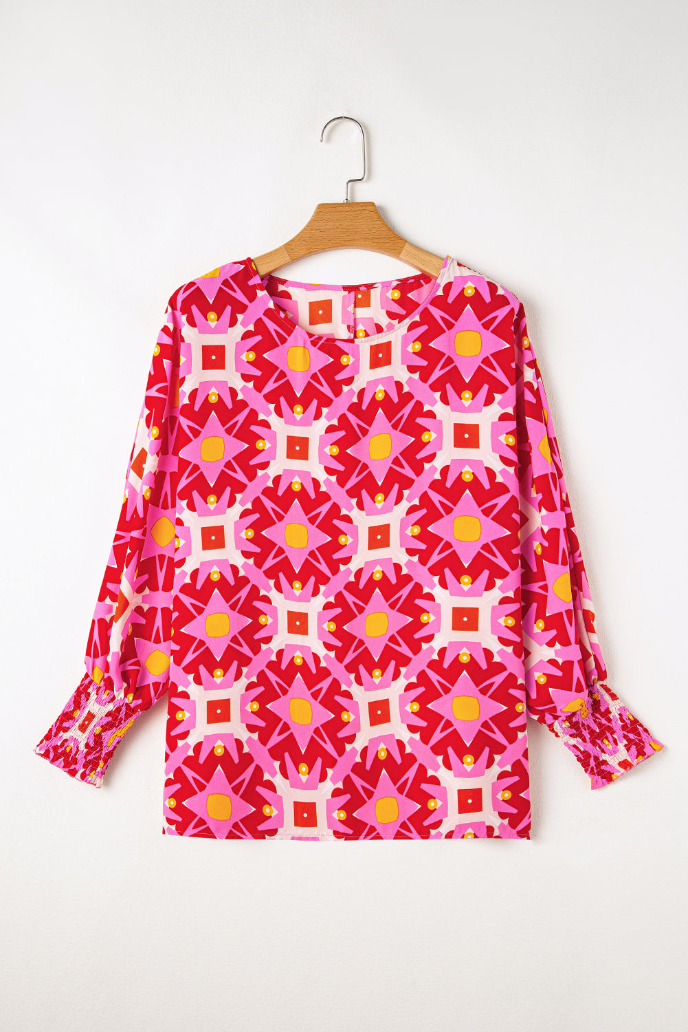 Strawberry Pink Abstract Print Shirred Cuff Loose Blouse