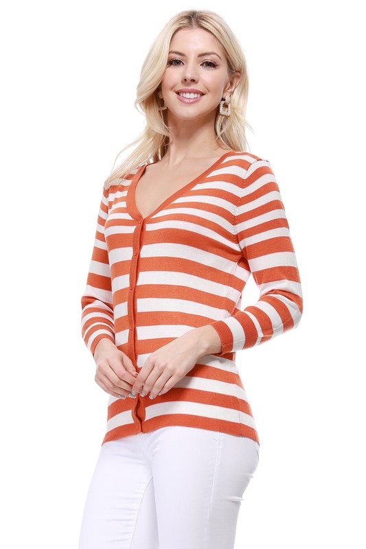 V Neck Striped Spandex Sweater Cardigan- Length: 22.5-23.5"- Across Shoulder: 13.25-14.25"- Sleeve Length: 17.5-18"- 80% Acrylic, 18% Nylon, 2% Spandex- Same body &amp; Material as CO-078- 3/4 Sleeved V-n