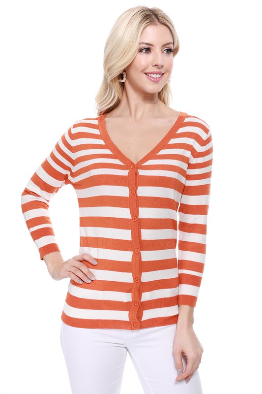 V Neck Striped Spandex Sweater Cardigan- Length: 22.5-23.5"- Across Shoulder: 13.25-14.25"- Sleeve Length: 17.5-18"- 80% Acrylic, 18% Nylon, 2% Spandex- Same body &amp; Material as CO-078- 3/4 Sleeved V-n