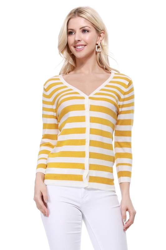 V Neck Striped Spandex Sweater Cardigan- Length: 22.5-23.5"- Across Shoulder: 13.25-14.25"- Sleeve Length: 17.5-18"- 80% Acrylic, 18% Nylon, 2% Spandex- Same body &amp; Material as CO-078- 3/4 Sleeved V-n