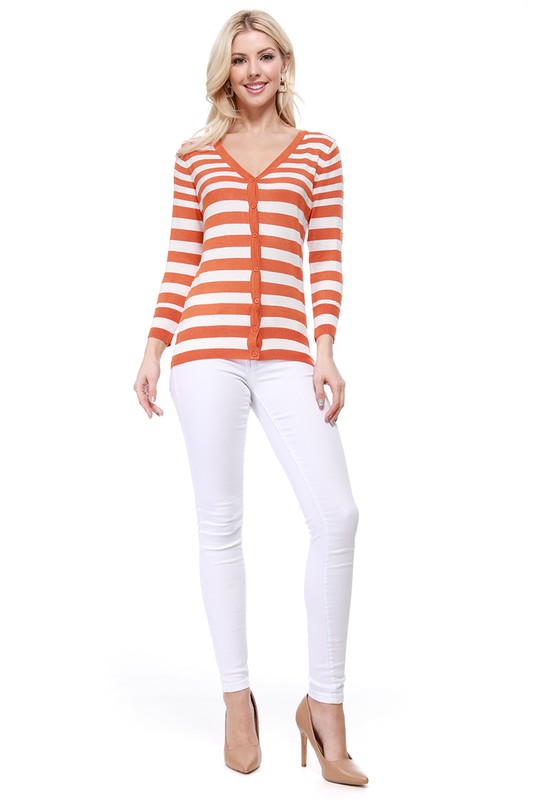 V Neck Striped Spandex Sweater Cardigan- Length: 22.5-23.5"- Across Shoulder: 13.25-14.25"- Sleeve Length: 17.5-18"- 80% Acrylic, 18% Nylon, 2% Spandex- Same body &amp; Material as CO-078- 3/4 Sleeved V-n