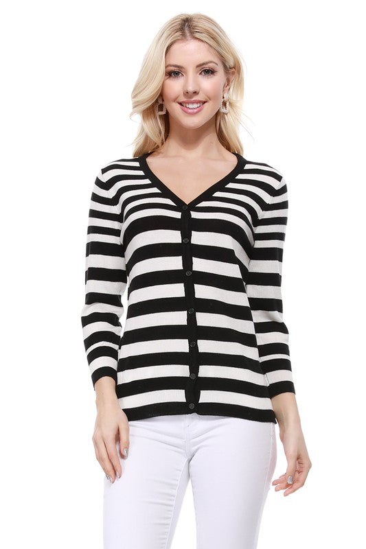 V Neck Striped Spandex Sweater Cardigan- Length: 22.5-23.5"- Across Shoulder: 13.25-14.25"- Sleeve Length: 17.5-18"- 80% Acrylic, 18% Nylon, 2% Spandex- Same body &amp; Material as CO-078- 3/4 Sleeved V-n