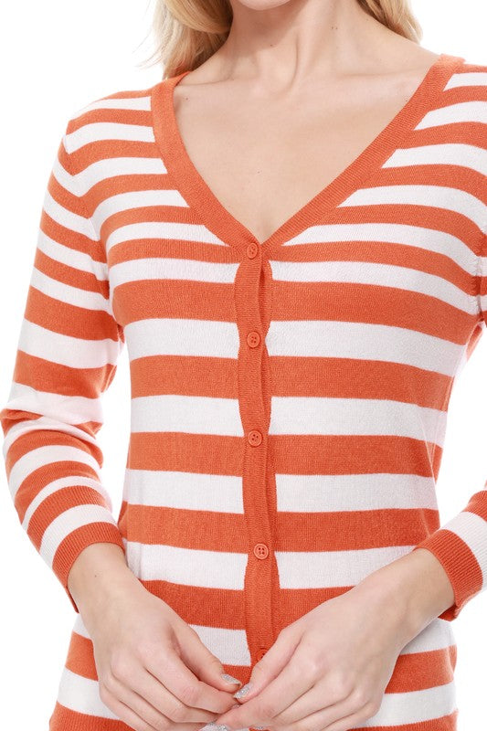 V Neck Striped Spandex Sweater Cardigan- Length: 22.5-23.5"- Across Shoulder: 13.25-14.25"- Sleeve Length: 17.5-18"- 80% Acrylic, 18% Nylon, 2% Spandex- Same body &amp; Material as CO-078- 3/4 Sleeved V-n