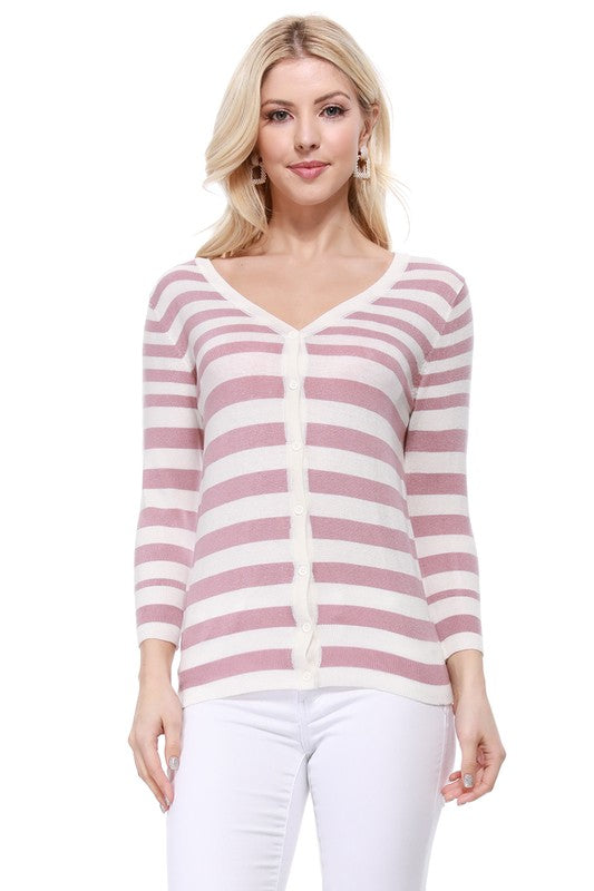 V Neck Striped Spandex Sweater Cardigan- Length: 22.5-23.5"- Across Shoulder: 13.25-14.25"- Sleeve Length: 17.5-18"- 80% Acrylic, 18% Nylon, 2% Spandex- Same body &amp; Material as CO-078- 3/4 Sleeved V-n