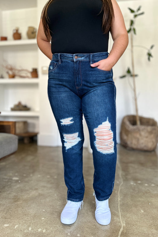 Judy Blue Full Size High Waist Rigid Magic Heavy Destroy Straight JeanThe High Waist Rigid Magic Heavy Destroy Straight Jeans offer a stylish blend of ruggedness and sophistication. Crafted from durable denim with a hint of magic, thes