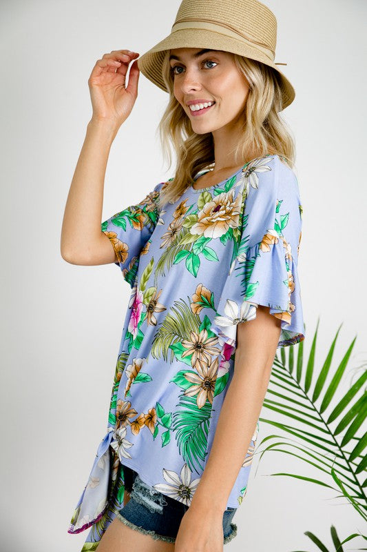 FLORAL RUFFLE SLEEVE TIE BOTTOM TOPFLORAL JERSEY RUFFLE SHORT SLEEVE FRONT TIE BOTTOM ROUND NECK TOP95% RAYON, 5% SPANDEX MADE IN USAS/M/L 2-2-2
Style: Casual
Print / Pattern: FLORAL
Fit: Loose
Embell