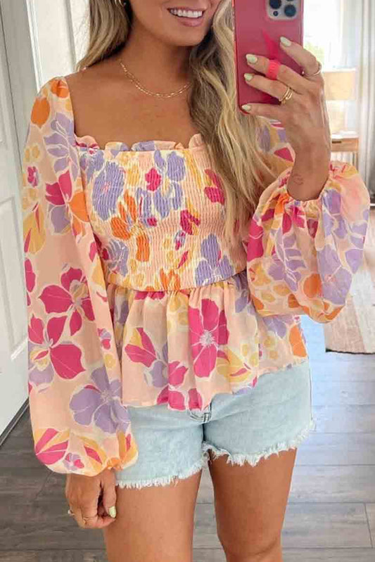 Pink Floral Print Smocked Square Neck Peplum BlouseMaterial:100%Polyester



		This floral blouse can be dressed up or down depending on the occasions
	
	
		A frilled square neck adds an elegant touch to your st