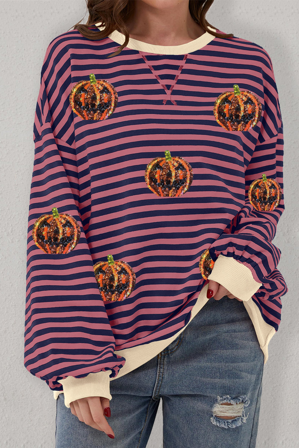 Green Stripe Funny Halloween Pumpkin Pattern Oversize SweatshirtMaterial:95%Cotton+5%Elastane

• Stand out this Halloween with the Green Stripe Funny Pumpkin  Oversize Sweatshirt, perfect for adding a touch of humor to your spoo