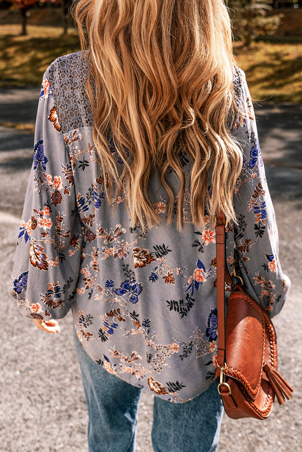 Sky Blue Floral Print Lace Knot Front V Neck Blouse