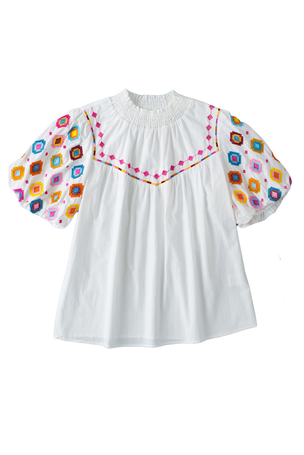 White Geometric Embroidered Smocked Neck Puff Sleeve TopMaterial:100%Cotton


	


		Elevate your style with our top, a charming piece that combines trendy details with a touch of elegance.
	
	
		This top features i