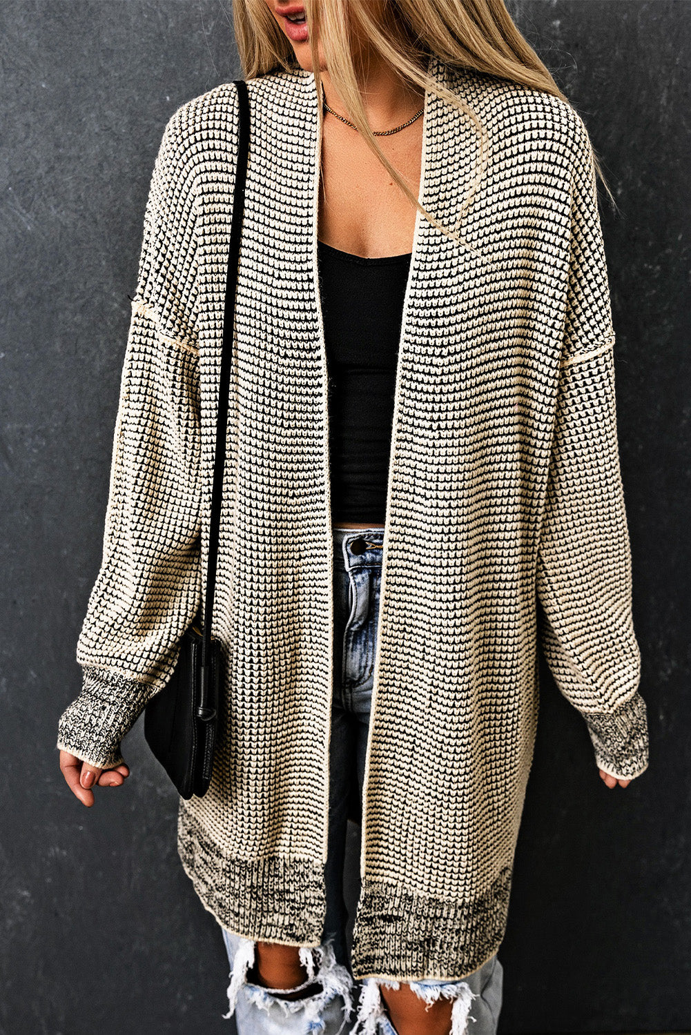 Grey Plaid Contrast Trim Casual Knit Cardigan