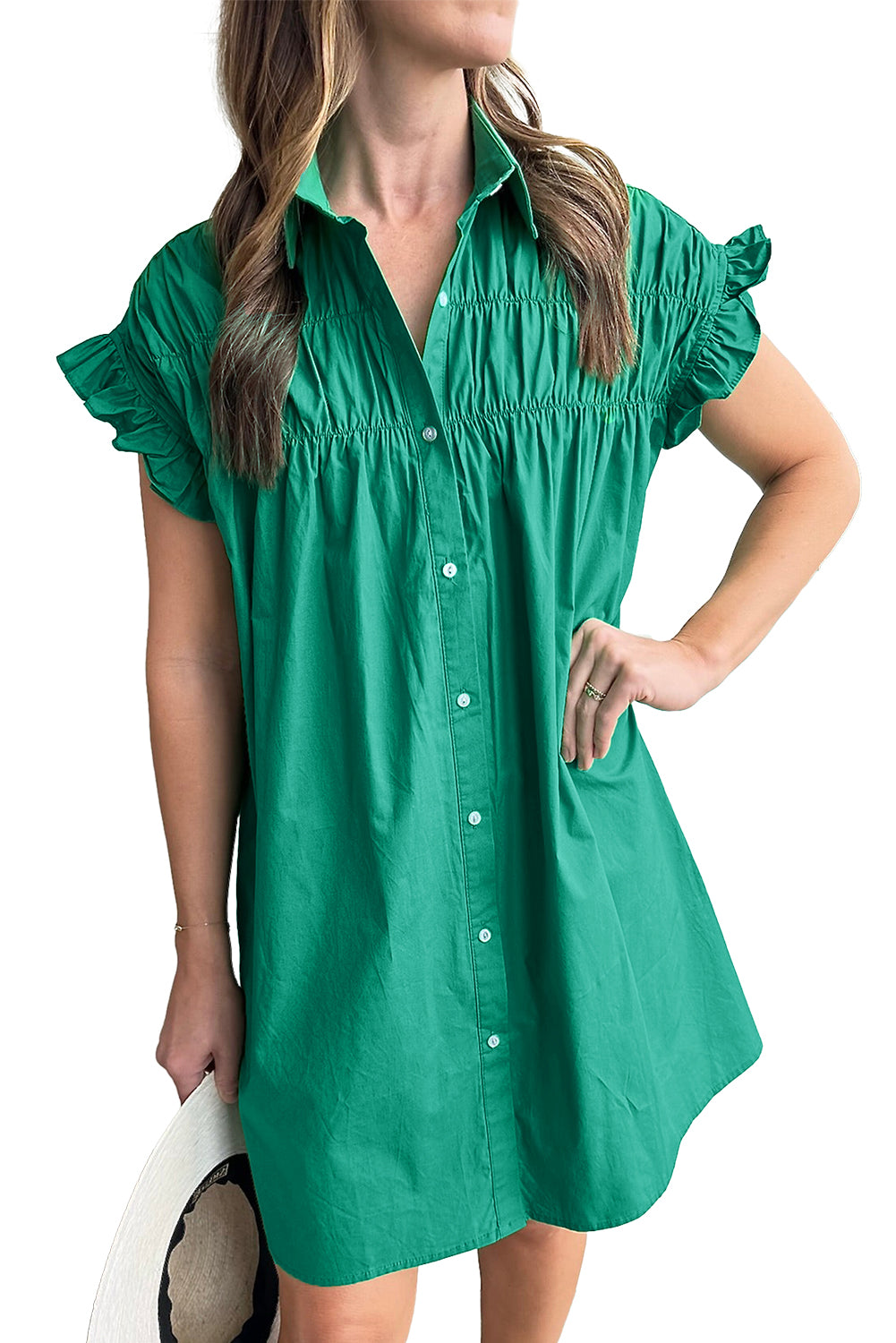 Bright Green Shirred Ruffle Sleeve Button Up Shirt DressMaterial:100%Cotton

• Elevate your casual look with the vibrant dress. Its solid color adds sophistication while the ruffle details bring a touch of playfulness.
