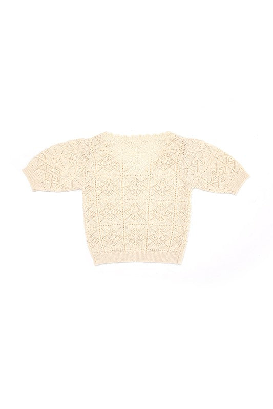 Crochet knit top- Crochet knit top- Pattern type : solid- Neck line : scallop V neck- Sleeve type : puff sleeves- Sleeve length : short sleeves- Stretch : stretch- Sheer : sheer due