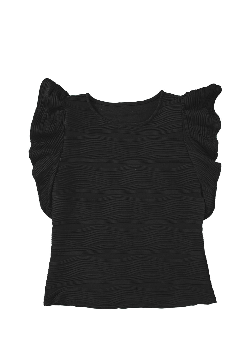 Black Plain Wavy Textured Ruffle Sleeve BlouseMaterial:90%Polyester+10%Elastane



		The wavy textured fabric adds an extra layer of sophistication, making this top a standout choice. 
	
	
		Embrace a playf