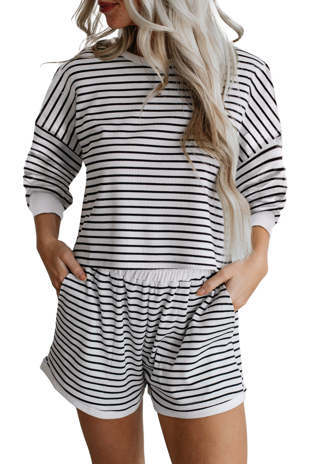 Black Stripe Textured 3/4 Sleeve Top and Shorts SetMaterial:50%Cotton+47%Polyester+3%Elastane

• Elevate your casual wardrobe with this shorts set, perfect for effortless everyday style.
• The textured fabric adds 