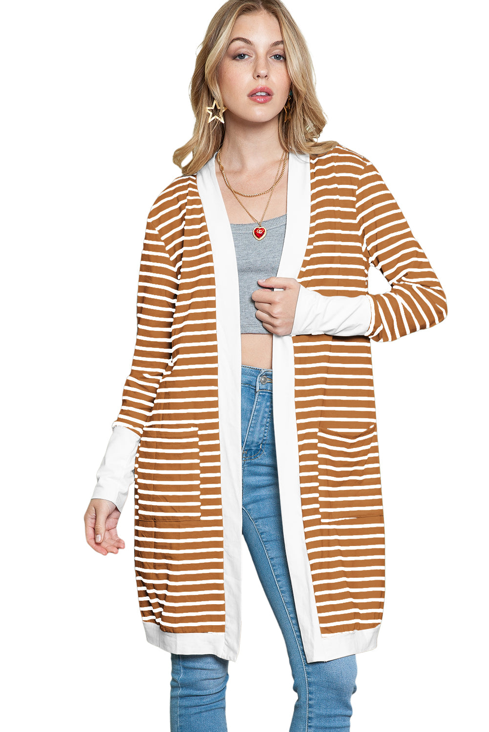 Brown Striped Side Pockets Open Front Long Cardigan