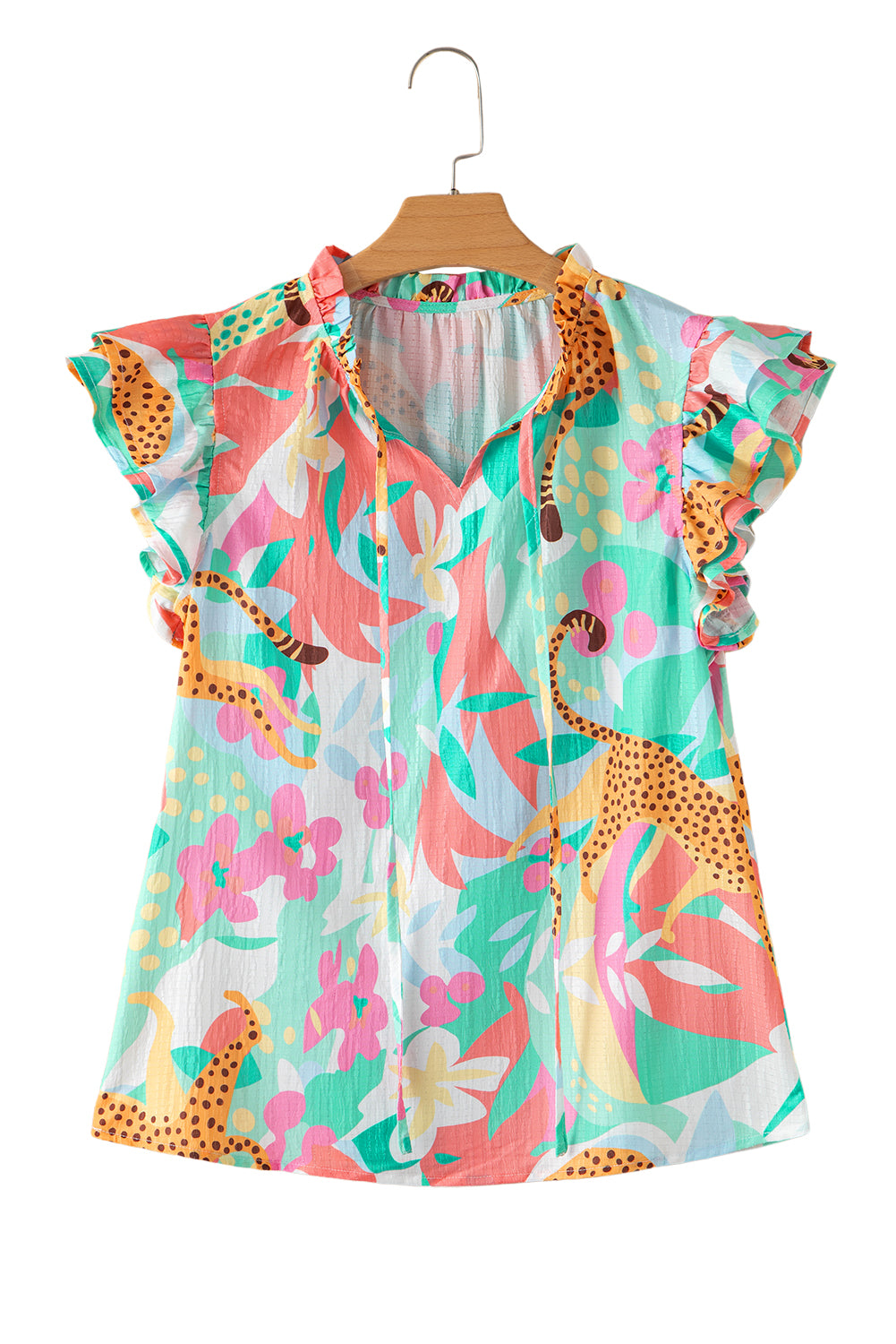 Green Tie Split Neck Ruffle Summer Cheetah Floral BlouseMaterial:100%Polyester

• Embrace the wild side of fashion with this blouse that effortlessly combines leopard print and floral patterns for a bold statement piece.