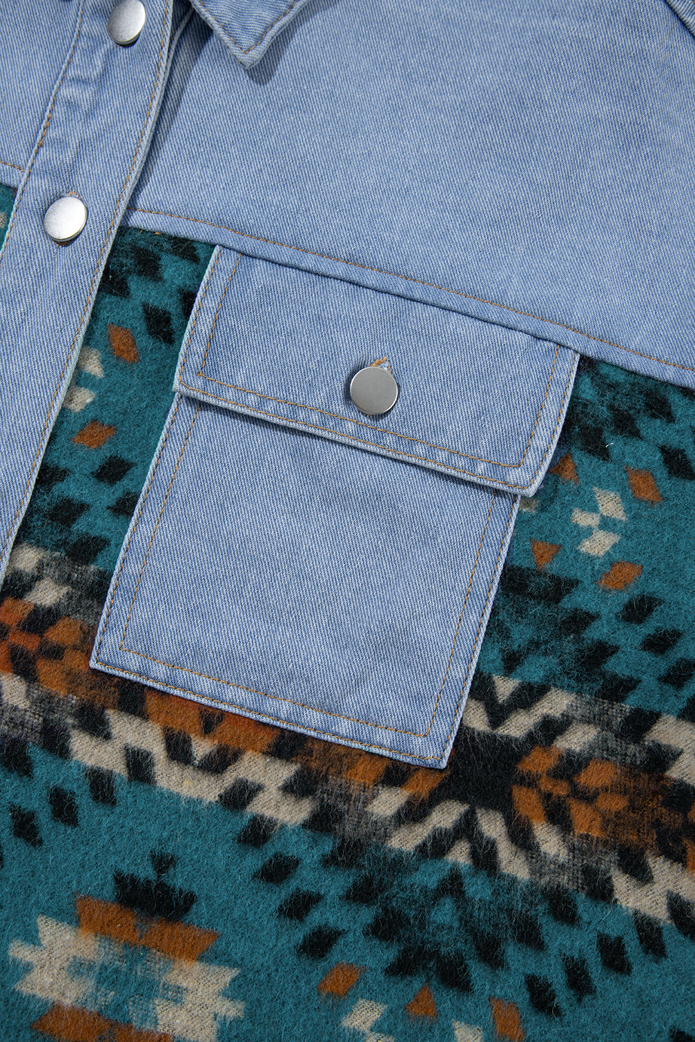 Blue Vintage Geometric Print Raw Hem Denim Jacket