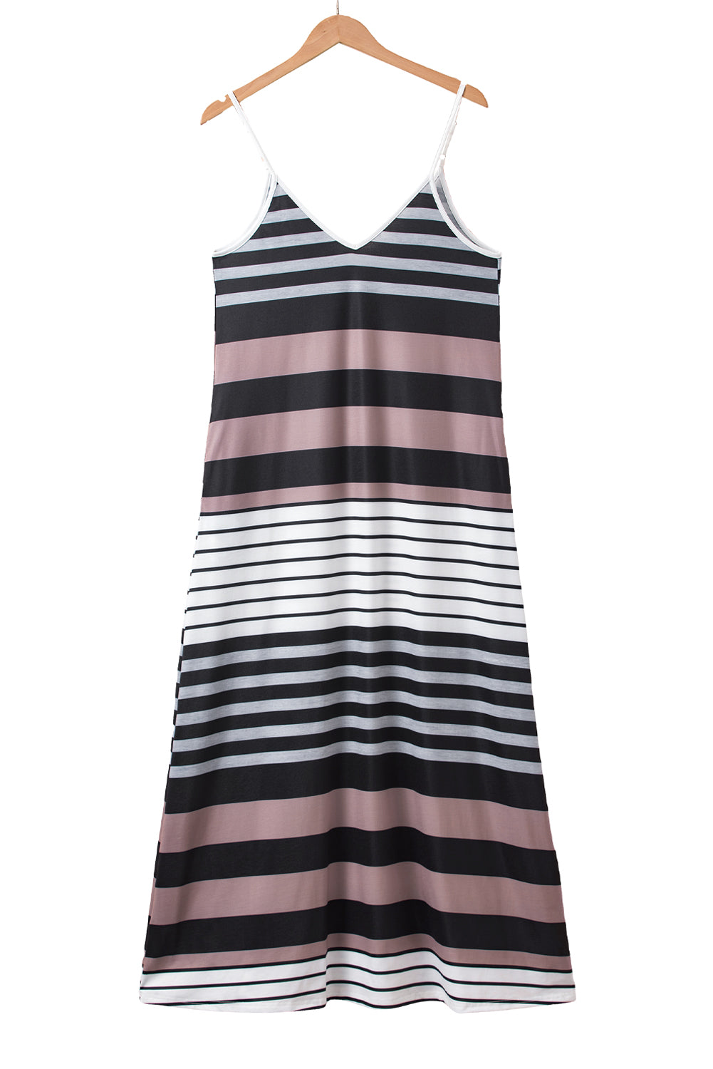 Multicolour Stripes Spaghetti Straps V Neck Maxi DressMaterial:95%Polyester+5%Elastane



		Stand out in vibrant multicolor stripes
	
	
		Convenient pockets for practicality
	
	
		Stay cool with sleeveless desig