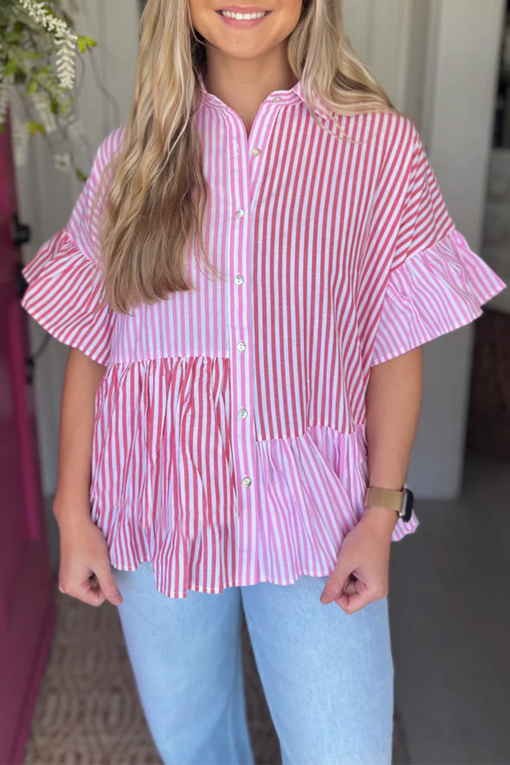 Pink Striped Patchwork Ruffle Button Up Blouse