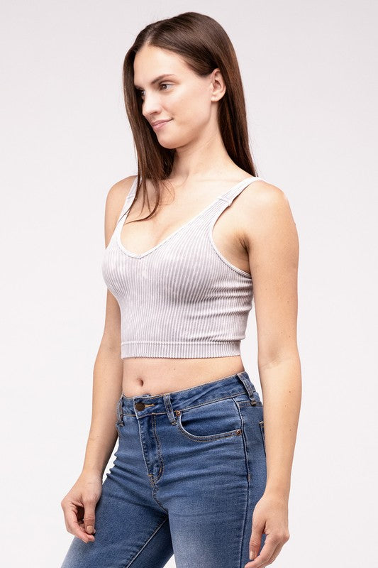 Washed Ribbed Cropped V-Neck Tank TopThe Washed Ribbed Cropped V-Neck Tank Top offers a stylish and comfortable option for your wardrobe. Made from ribbed fabric with a washed finish, it exudes a casual