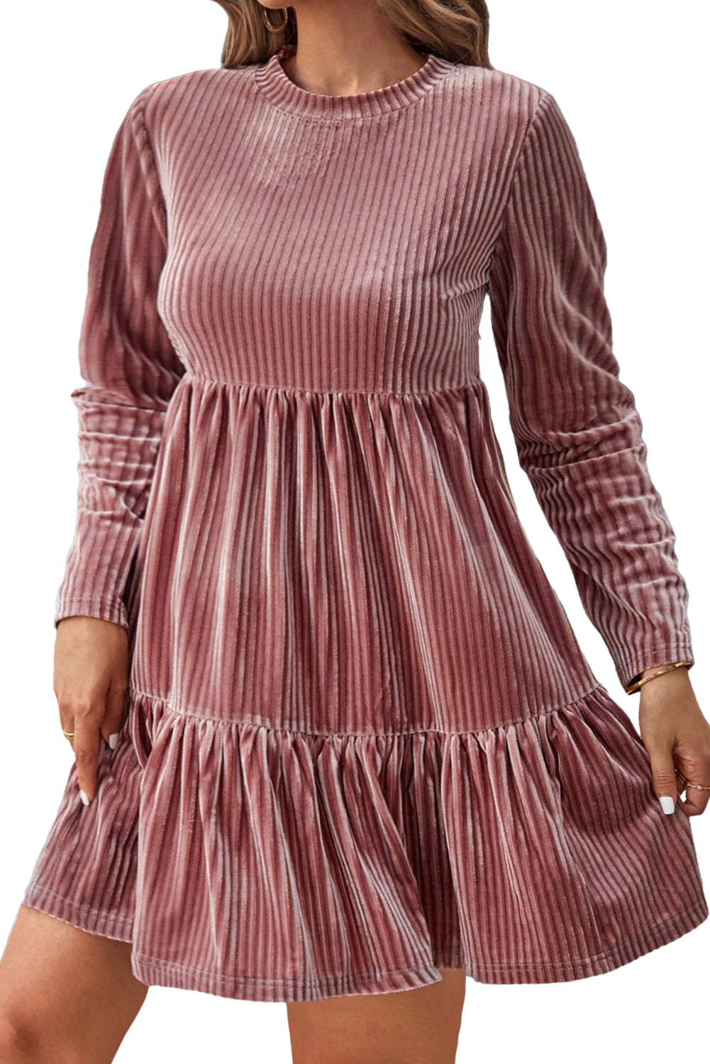 Apricot Pink Plus Size Velvet Ribbed Tiered Ruffle Mini DressMaterial:95%Polyester+5%Elastane



		Luxurious velvet fabric endows this plus size dress a stylish and sophisticated look.
	
	
		Flattering tiered ruffles add 