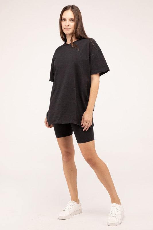 Cotton Round Neck Top & Biker Shorts SetThe Cotton Round Neck Top &amp; Biker Shorts Set is a stylish and versatile ensemble perfect for casual days or active wear. The top features a classic round necklin