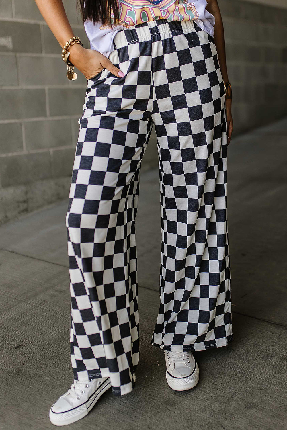 Black Checkered Print High Waist Wide Leg Pants