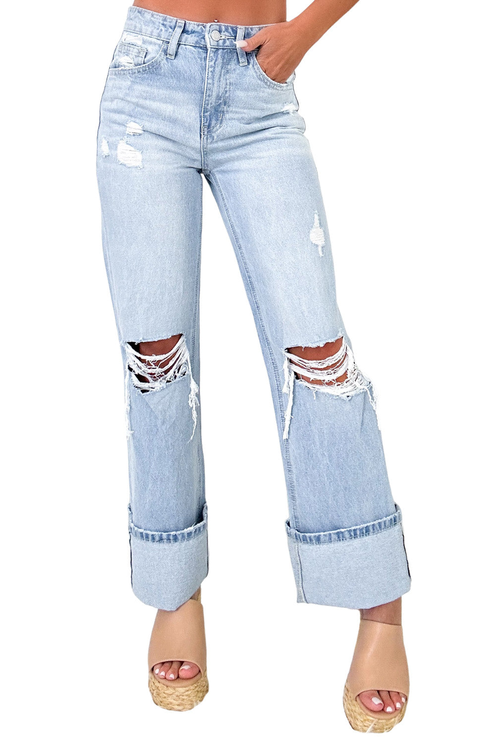 Beau Blue Light Wash Distressed Flare JeansMaterial:93%Cotton+5%polyester+2%Elastane

• The jeans are designed for comfort and style, perfect for everyday wear.
• The high waist design of these jeans provid