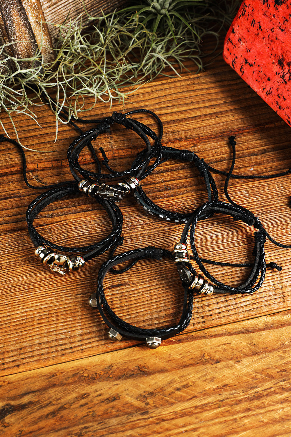 Black Gun Skull Star PU Leather Bracelet Set