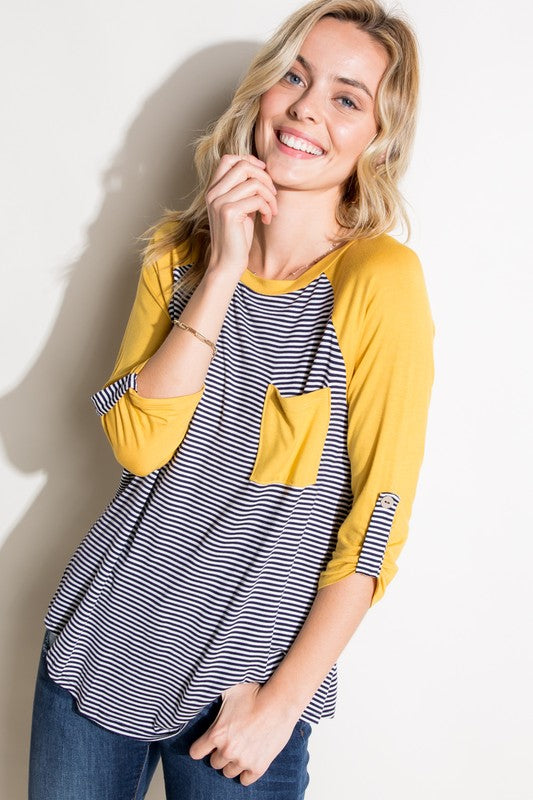 STRIPE SOLID ROLL UP SLEEVE TOPPIN STRIPE AND SOLID MIXED ROUND NECK POCKET ROLL OVER 3/4 SLEEVE TOP- MADE IN U.S.A.
Style: Casual
Print / Pattern: PIN STRIPE AND SOLID
Fit: Regular
Neck Line: ROU