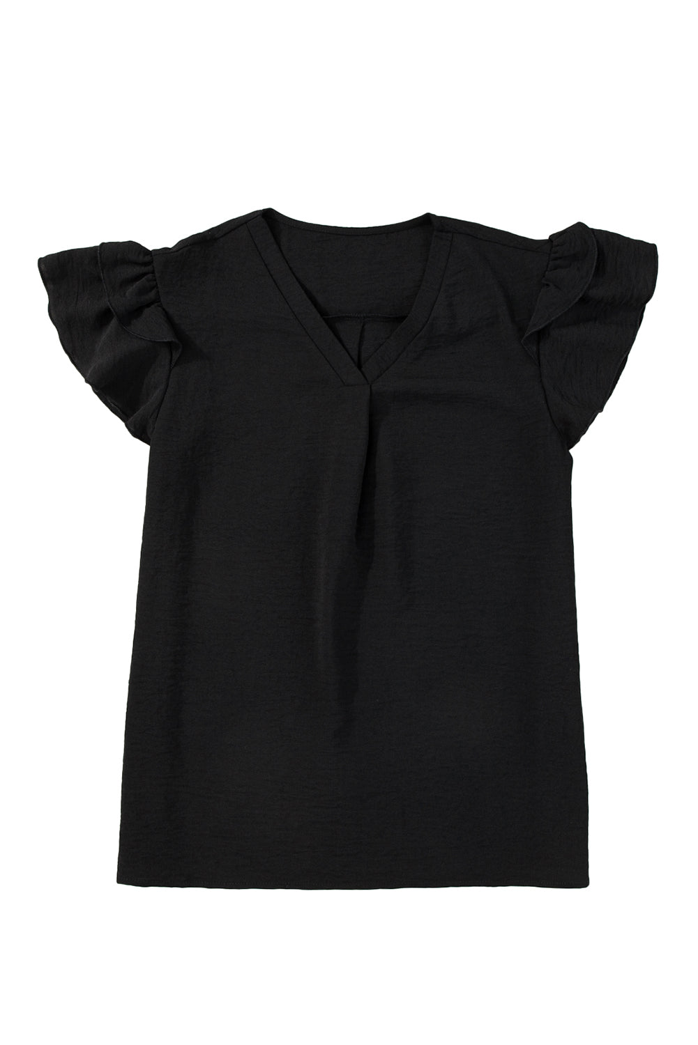 Black Solid Color V Neck Ruffle Short Sleeve BlouseMaterial:100%Polyester



		Achieve a graceful and elegant look with this plain blouse. 
	
	
		The V-neck design adds a touch of sexiness and femininity, while 