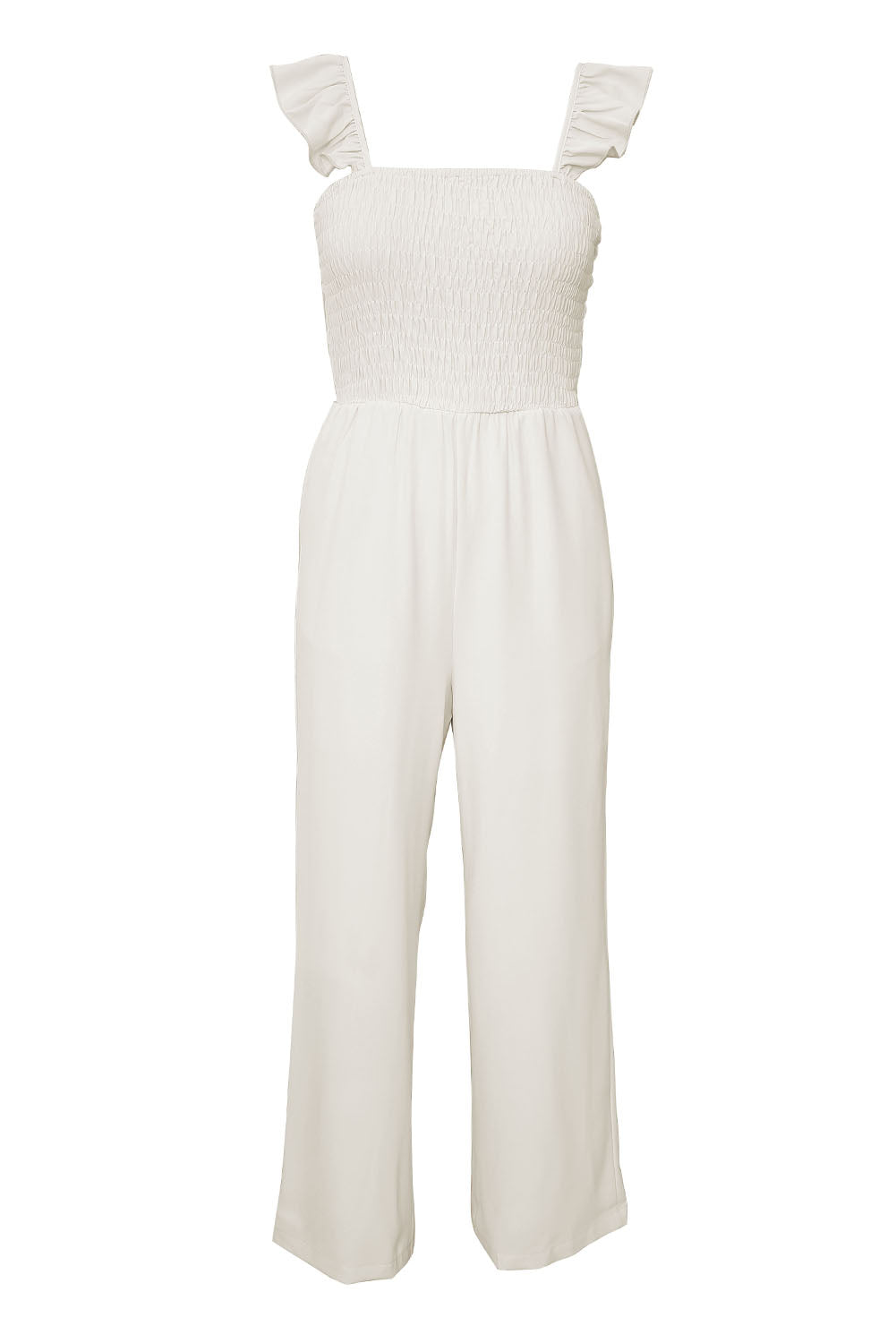 Apricot Smocked Ruffle Strap Pocket Wide Leg JumpsuitMaterial:100%Polyester



		This plain jumpsuit is sexy yet graceful with a flattering silhouette
	
	
		Flutter sleeves, square neck, smocked bodice and wide le