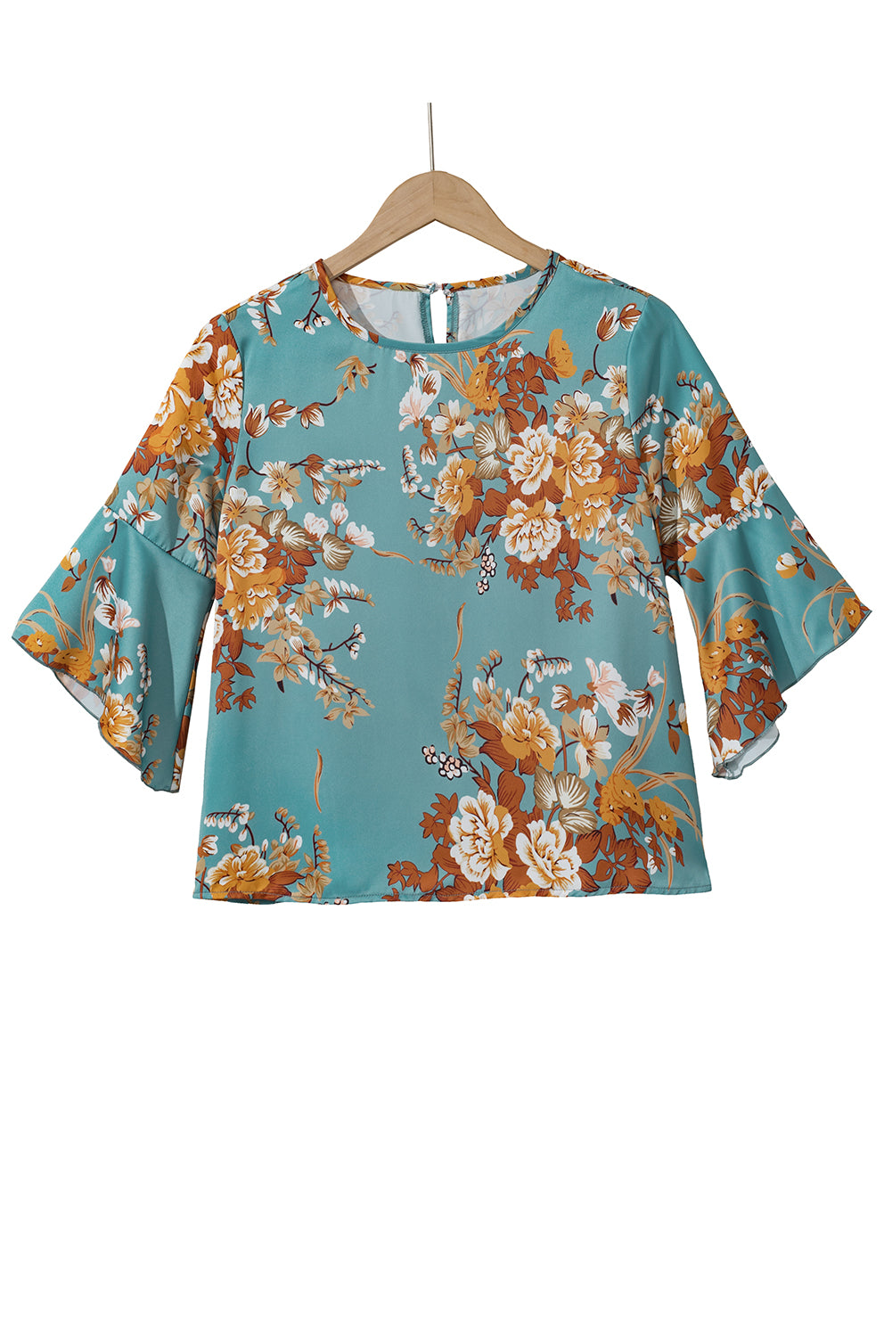 Mineral Blue Floral Print Round Neck Flounce Sleeve BlouseMaterial:100%Polyester



		The blouse is a feminine and elegant top, featuring a vibrant floral print that adds a pop of color to your outfit.
	
	
		Made from 