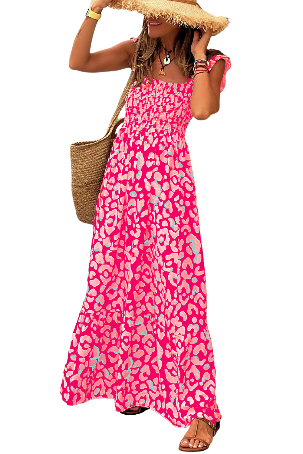 Rose Leopard Ruffle Straps Smocked High Waist Maxi DressMaterial:80%Viscose+20%Polyamide



		This dress with print is a fashionable choice for any occasion
	
	
		Its leopard print adds a trendy touch while the ruffl