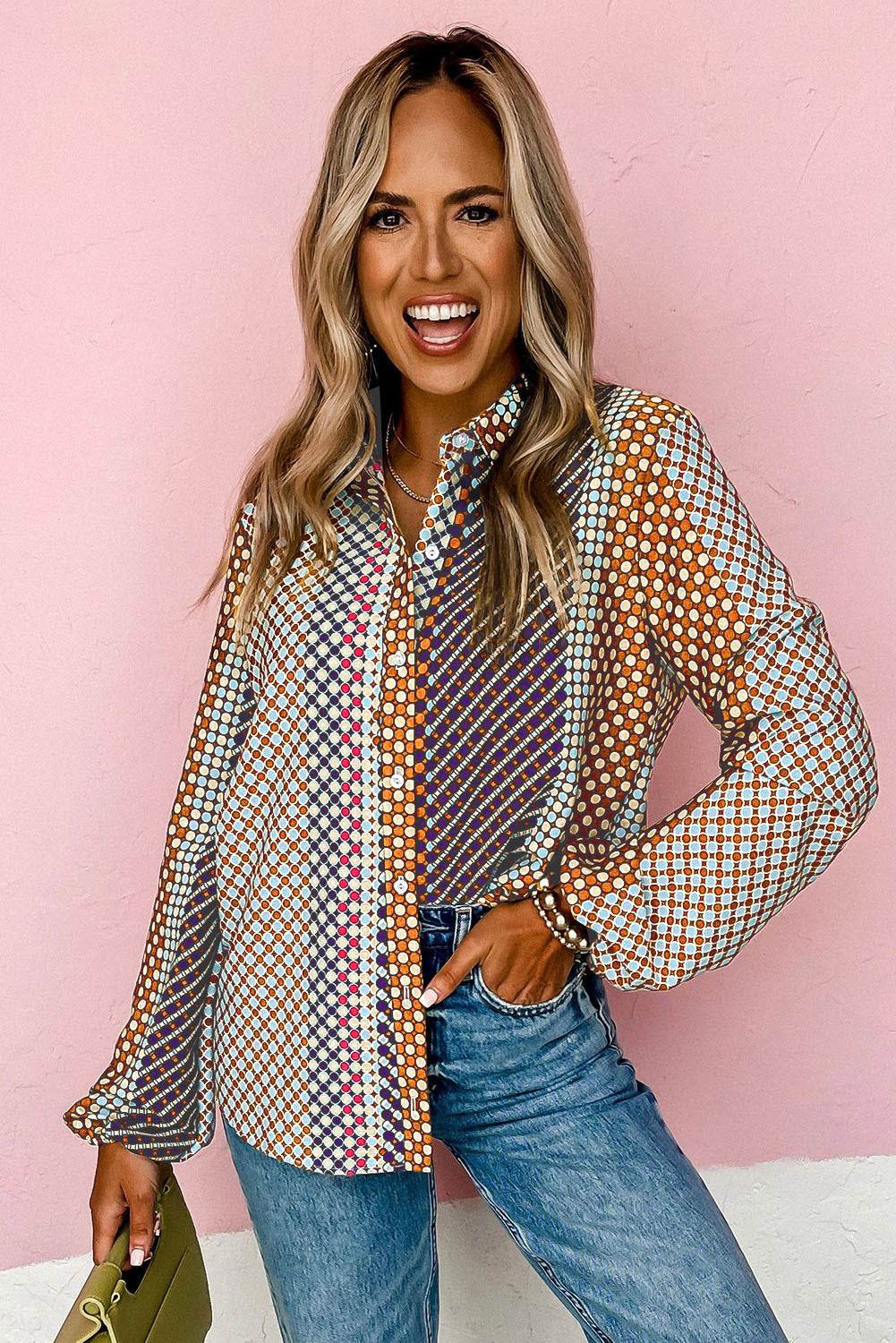 Brown Dot Print Long Sleeve Button Down Shift ShirtMaterial:100%Polyester



		Effortlessly stylish with a playful dot print
	
	
		Long sleeves provide coverage and warmth
	
	
		Versatile button-down design f